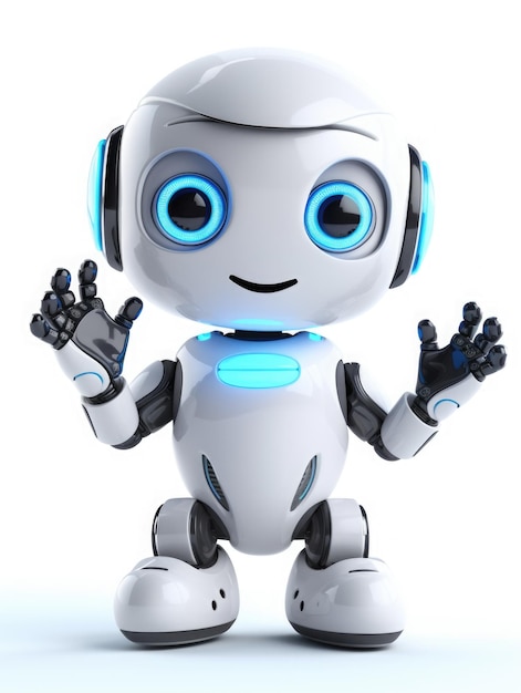 A little cute robot sitting and wave hand and smiling white background