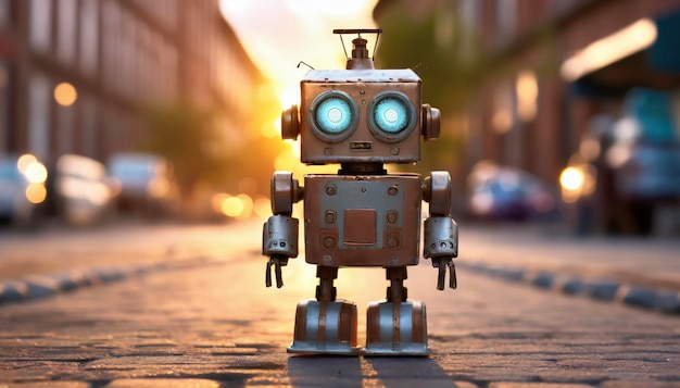Foto piccolo robot carino che sorride al tramonto