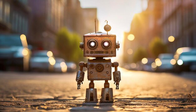 little cute robot smiling at sunset