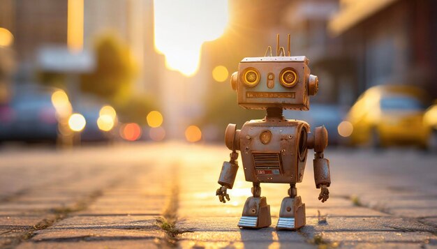 little cute robot smiling at sunset