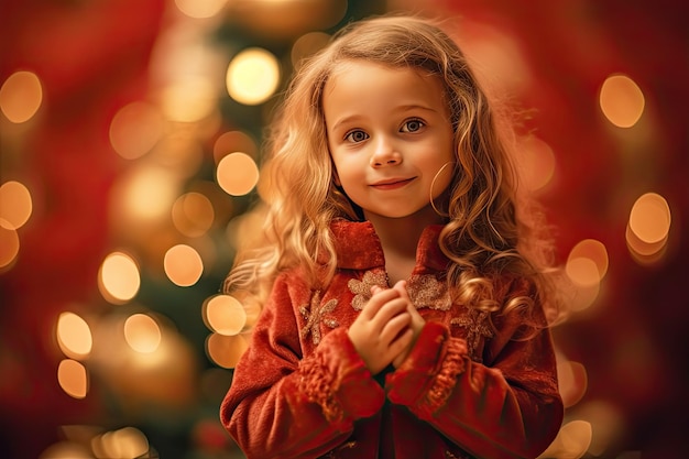 Little cute smiling child girl near decorated Christmas tree on background of bright festive lights