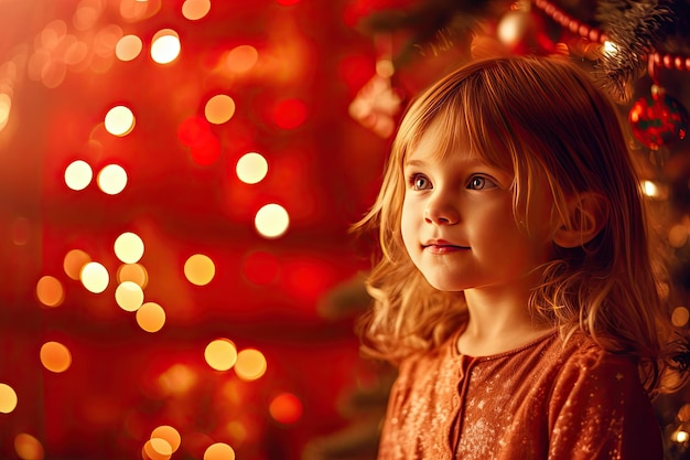 写真 明るいお祭りの明かりの背景に飾られたクリスマス ツリーの近くの小さなかわいい笑顔の子供の女の子