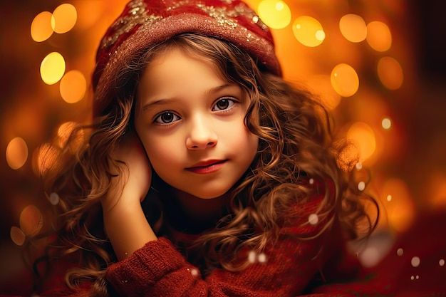 사진 밝은 축제 조명 배경에 장식된 크리스마스 트리 근처에 작고 귀여운 웃는 아이 소녀