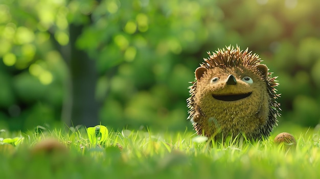 Фото Маленький милый улыбающийся ежик сидит в зеленой траве и смотрит в сторону в солнечный день 3d рендеринг