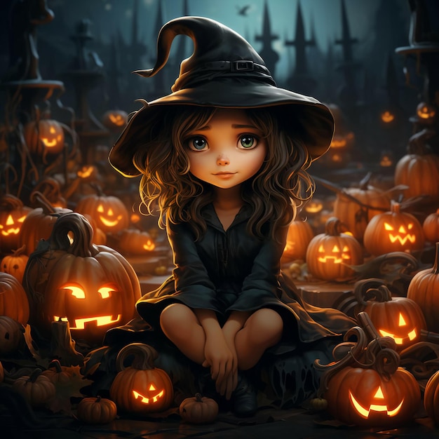 Little cute witch sits surrounded by pumpkins against the backdrop of a big moon Halloween