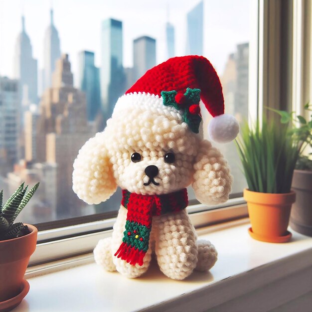 Photo a little cute woolen fluffy dog wearing a santa hat and scarf sits on a window sill