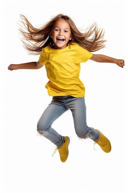 A little cute yellow clothe wearing girl jumping isolated on white background