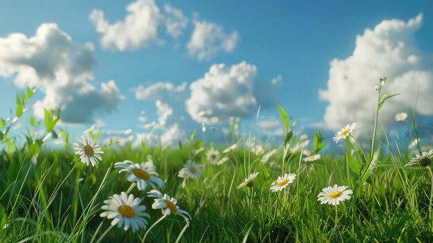 青い空を背景に草の中の小花束