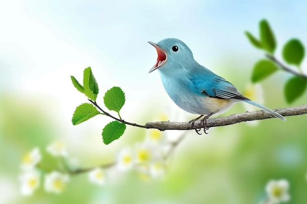 Little dark grey and blue bird singing and sitting on a tree branch