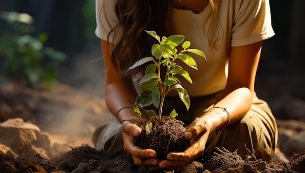 Little decorative garden plant Small tree planting macro shot Generative AI