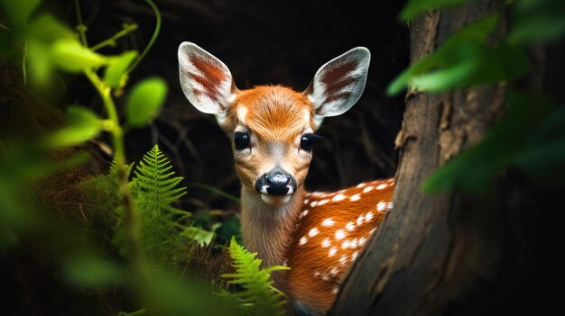 Photo little deer hides in the forest near trees and greenery