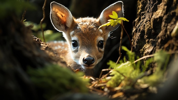 a little deer hiding behind a tree photograph taken Generative Ai