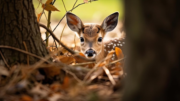 木の後ろに隠れている小さな鹿