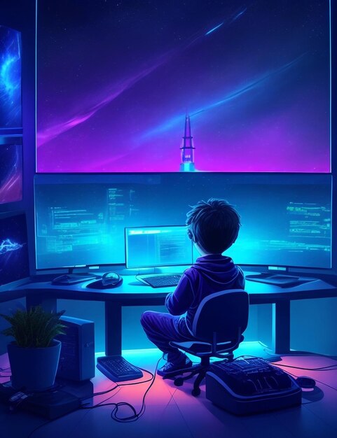 Photo little dependent gamer boy playing on laptop at home