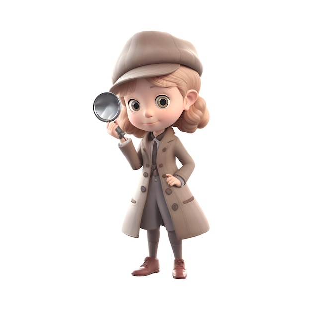 Little detective girl with magnifying glass Isolated on white background