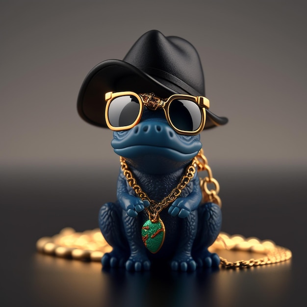 A little dinosaur with a gold chain black glasses and a black hat