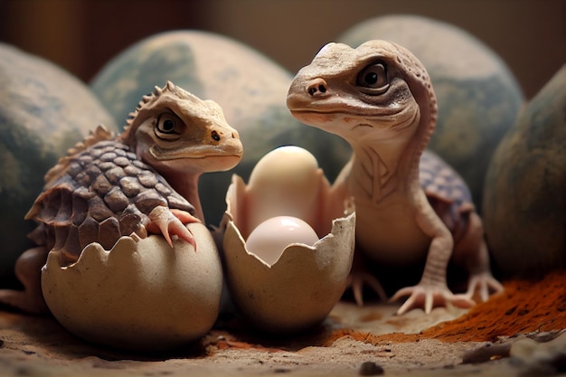 Little dinosaurs hatching from eggs