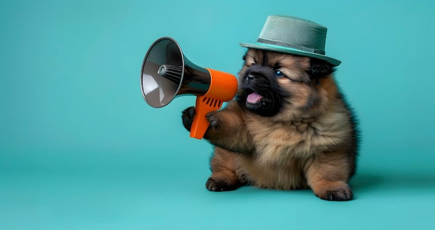 Маленькая собачка объявляет с помощью мегафона Уведомляющее предупредительное объявление