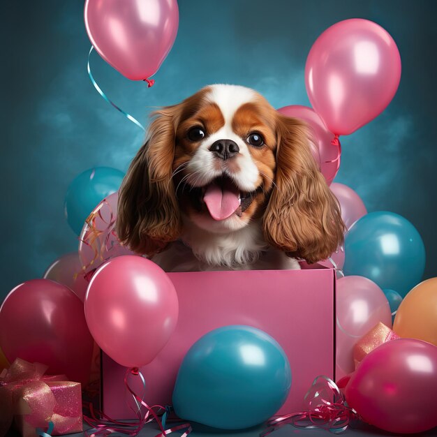 Photo little dog cavalier king charles spaniel with gift box birthday for girl blue pink background