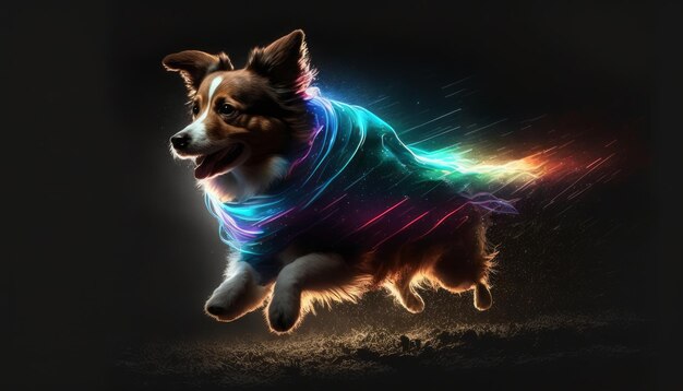 작은 개가 네온 이미지 생성 AI를 입고 어두운 밤을 달리고 있습니다.