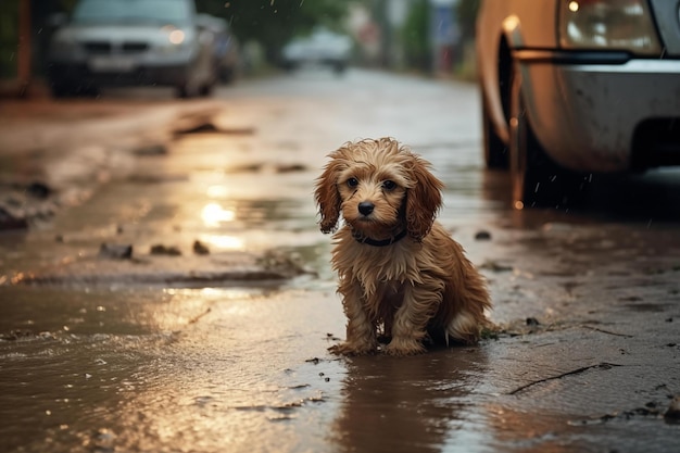 Photo little dog sitting alone in the street under the rain little stray puppy outside all wet and dirty