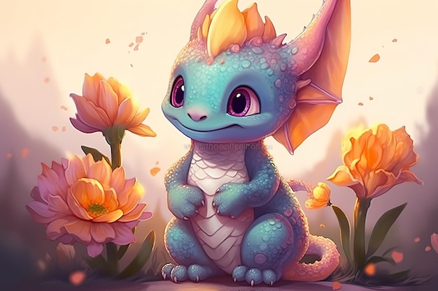 little dragon sitting with flowers children's style fairy tale generative ai