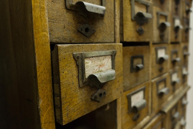 The little drawers of a catalogue bookcase