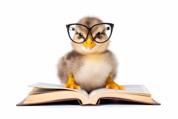 a little duck wearing glasses sitting on a book