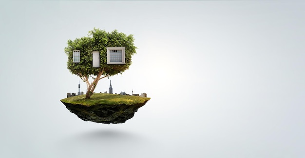 Little Eco House op het groene gras-concept. Gemengde media