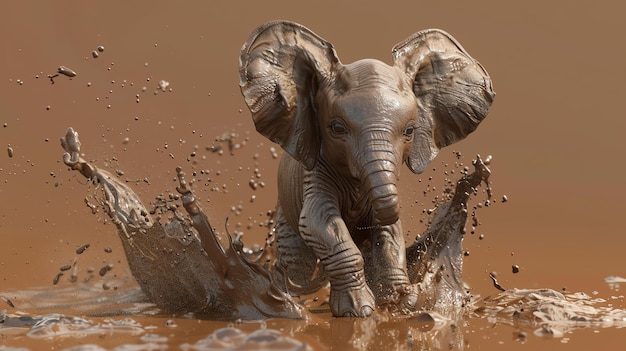 Little elephant calf running through the mud