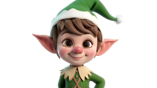 Photo little elf boy with green hat and brown hair he has big ears and a friendly smile he is wearing a green tunic with a white collar