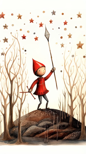 Photo a little elf with a broom and a tree with stars in the background