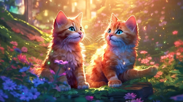 Little enchanted cats playing in a magical garden Fantasy concept Illustration painting