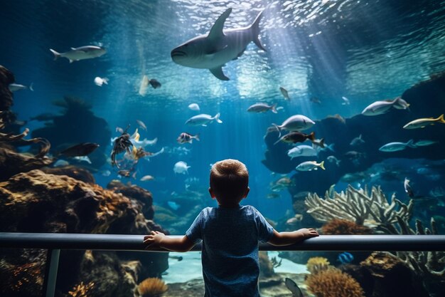 Little Explorer Captivated by a Shoal of Ocean Fish