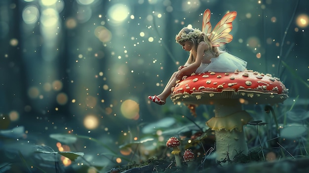Фото Маленькая фея с светлыми волосами и оранжевыми крыльями сидит на красном грибе в волшебном лесу, полном зеленых растений и цветов.