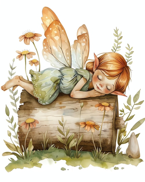 little fairy sleeping on a log watercolor