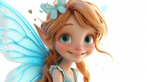 Photo little fairy with blue wings and green eyes she has long blond hair and is wearing a white dress with a blue sash