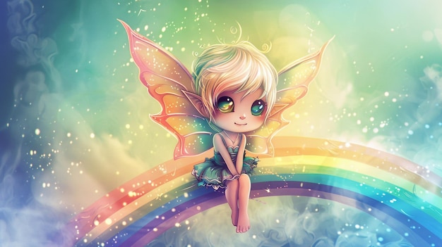 a little fairy with a rainbow in the background