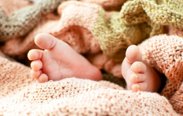 Little feet of a newborn baby are wrapped in a knitted\
blanket