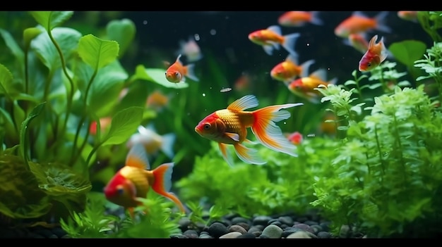 Foto pesci piccoli in acquario o acquario pesce rosso guppy e pesce rosso carpa fantasia con pianta verde