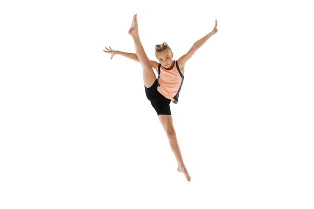 little flexible girl rhythmic gymnastics artist isolated on white studio background