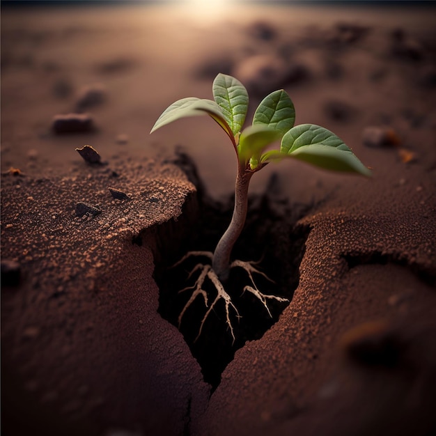 Little flower sprout grows through urban asphalt ground