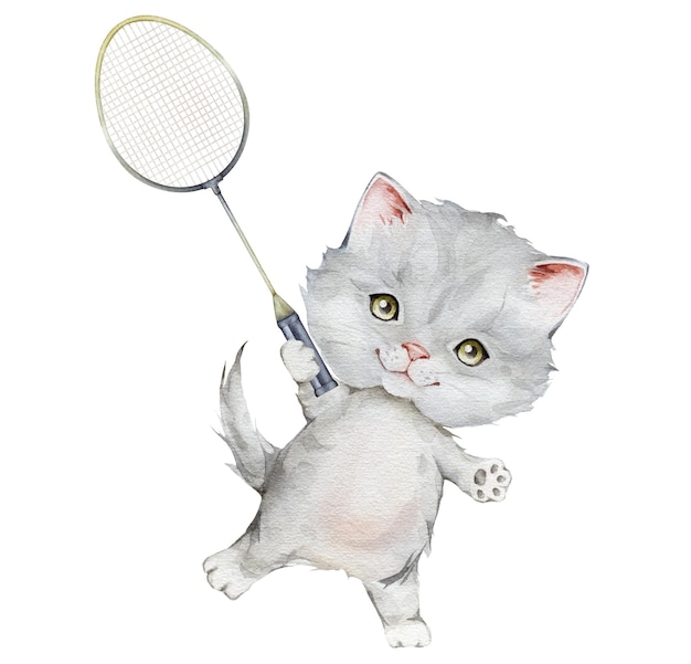 라켓을 들고 작은 솜 털 회색 고양이 배드민턴 선수 수채화 일러스트 흰색 배경 i