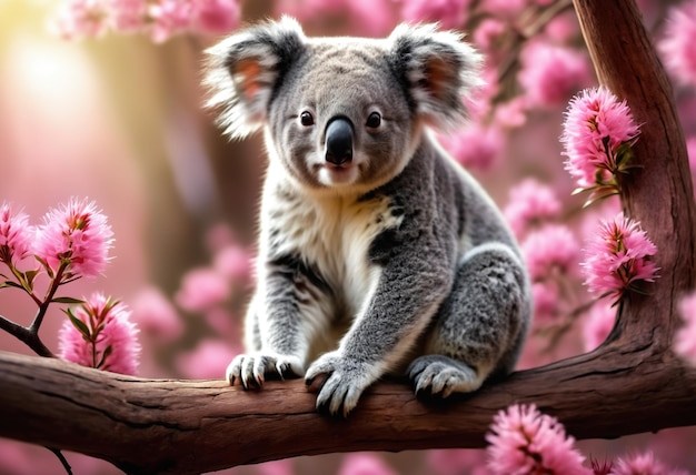 小さな毛深いコアラがピンクの花をかせて枝の上に座っています