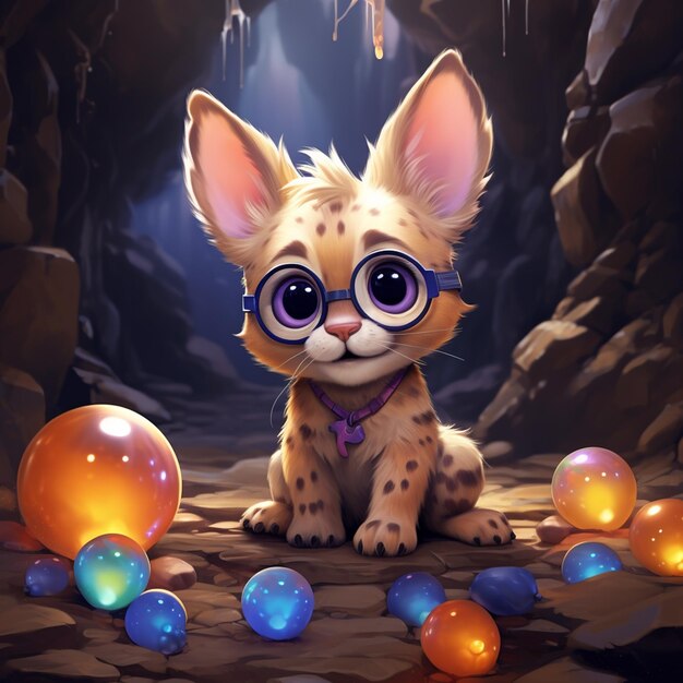 Photo little fox in a glasses in a cave with playful balloons