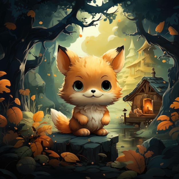 a little fox with a house in the woods