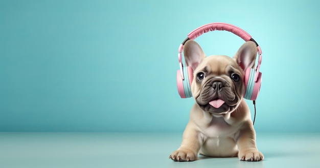 Little French bulldog wearing headphones on a blue background