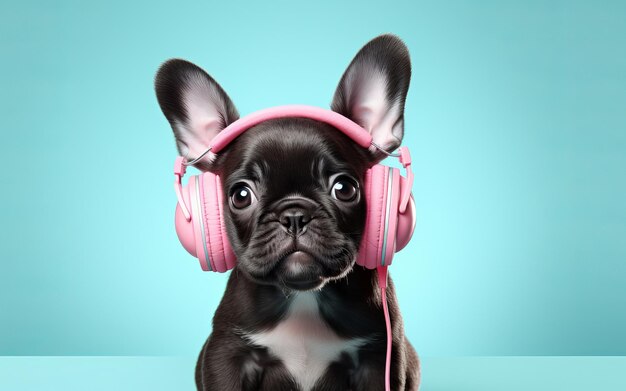 Photo little french bulldog wearing headphones on a blue background