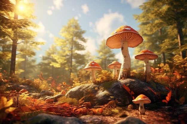 Little fresh mushrooms growing in autumn forest