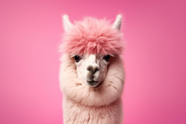 Little funny alpaca on pink background AI Generated